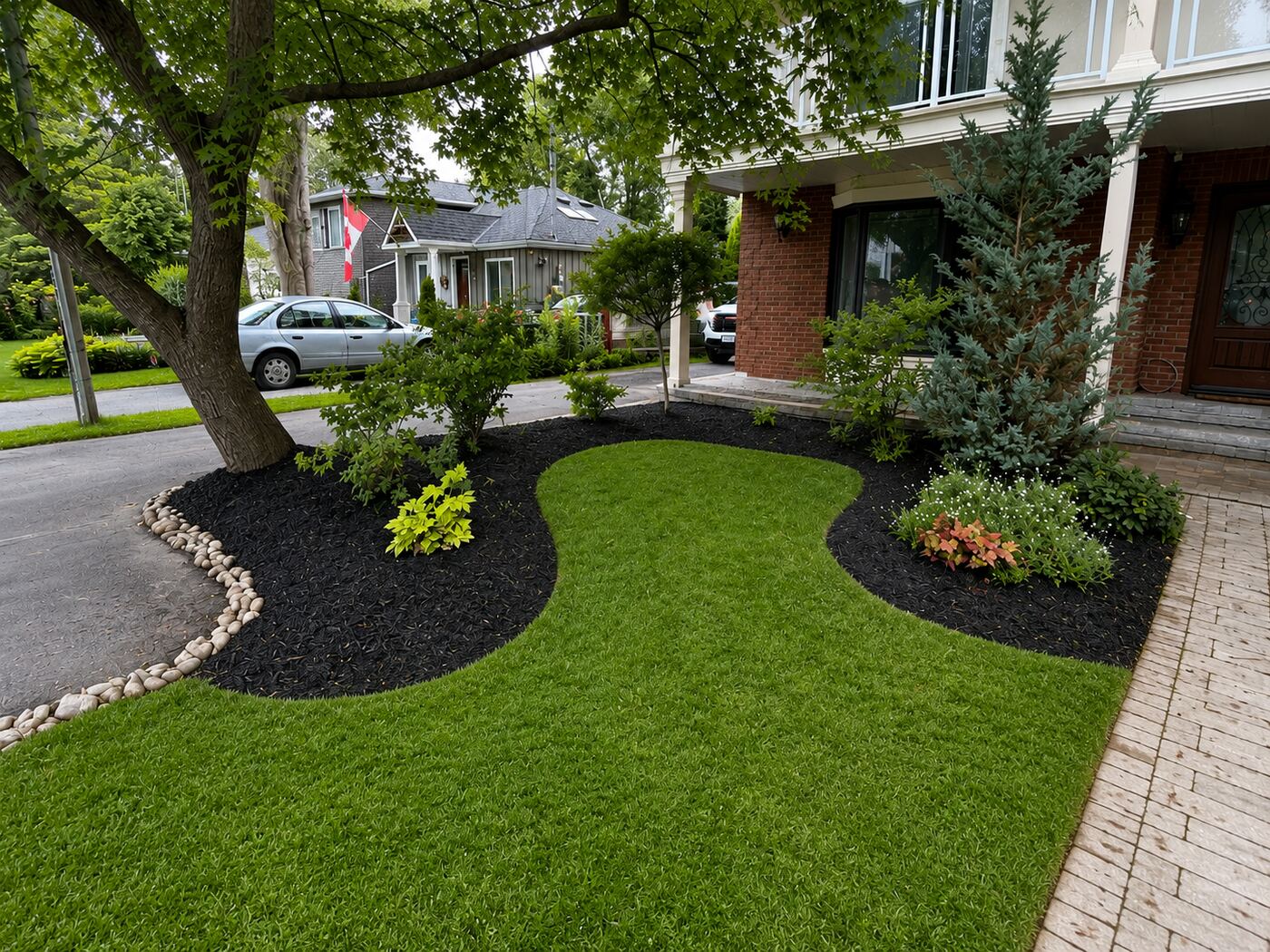 After — Overgrown front garden reclaimed with fresh mulch and clean beds